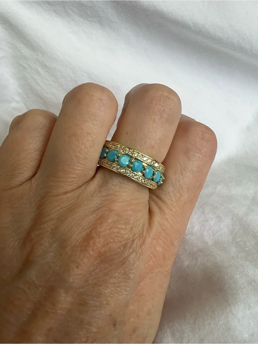 Gold Turquoise Band Ring with Crystal Accents